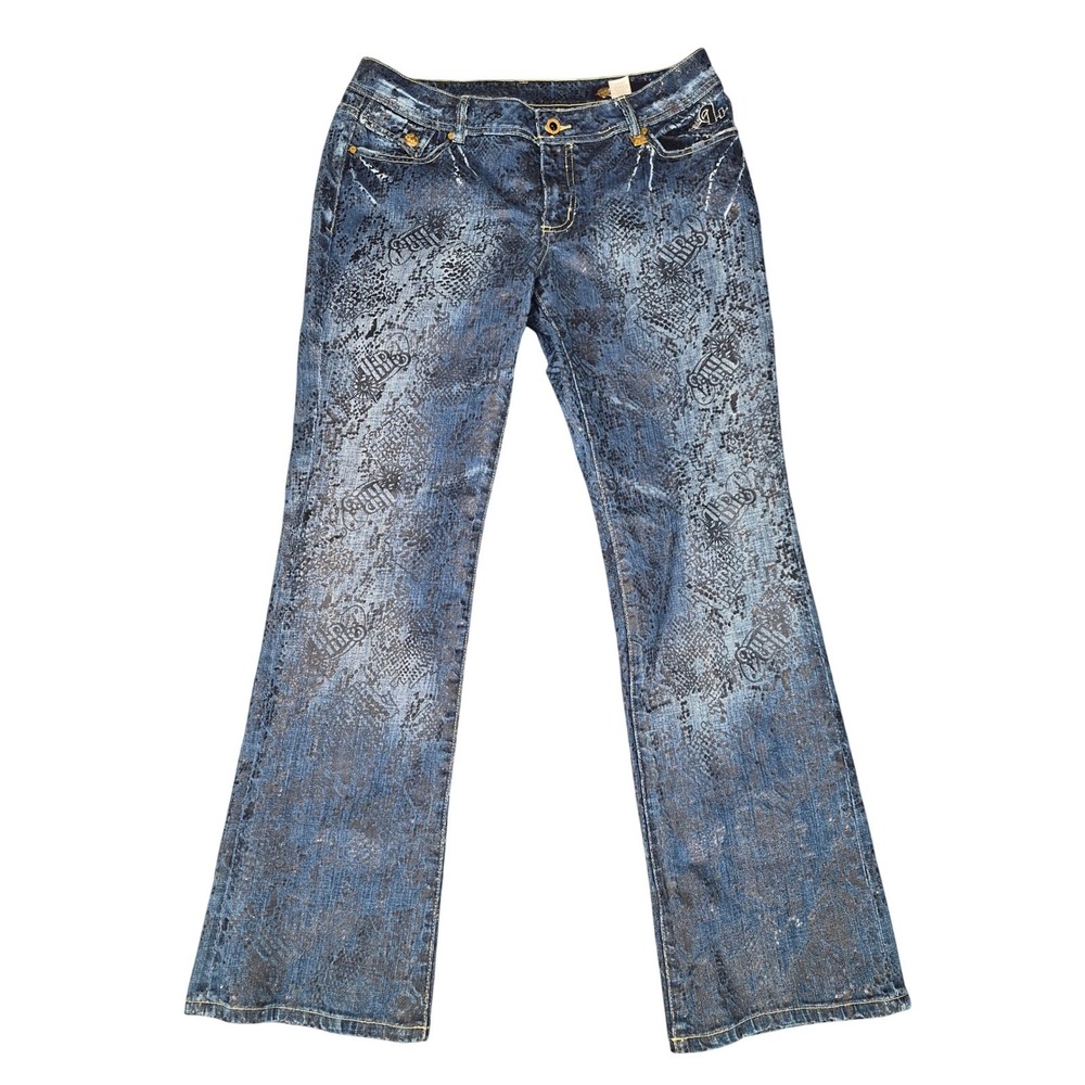 Akademiks Womens Flare Jeans Blue Snakeskin Graphic Print Size 36 Y2K Streetwear